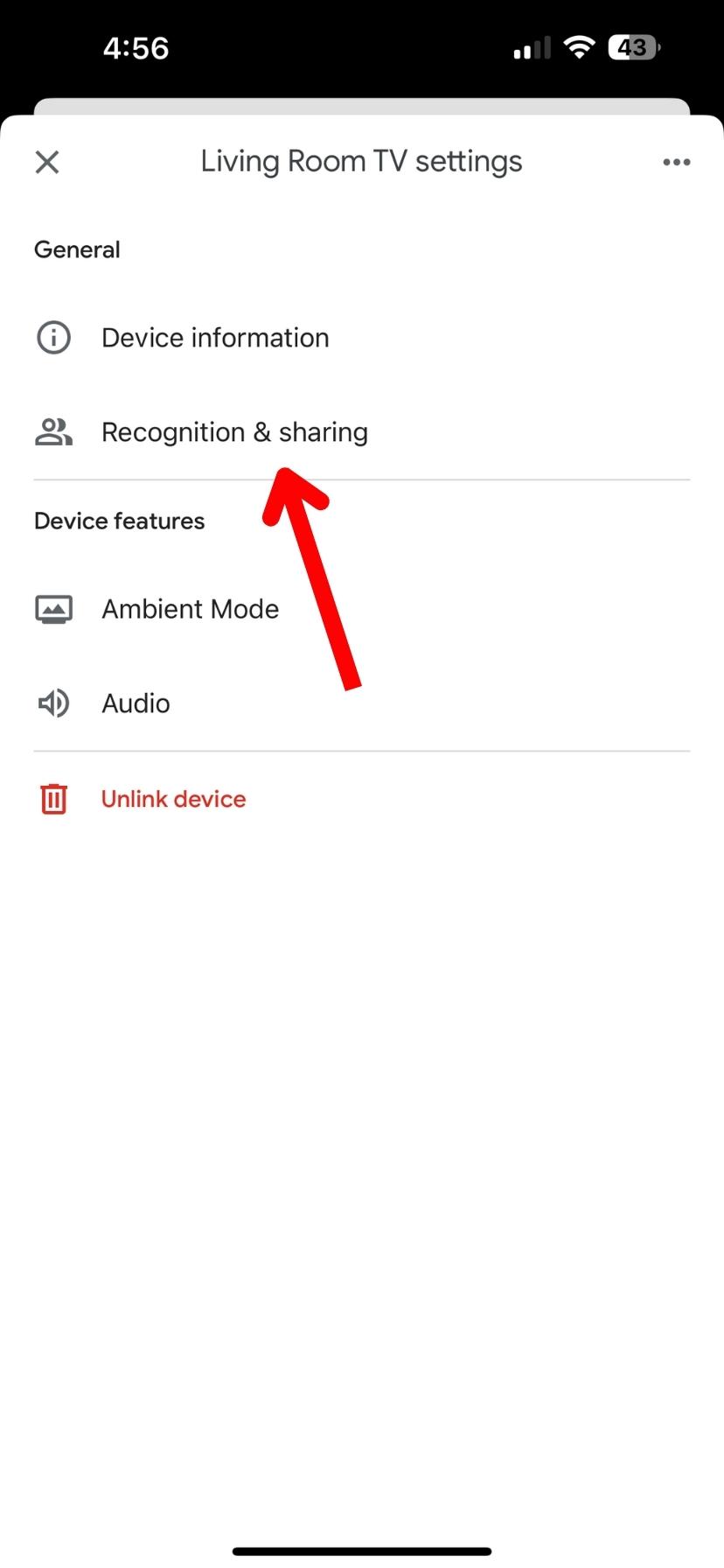 Tap on the Recognition & Sharing button Screenshots of Google Home