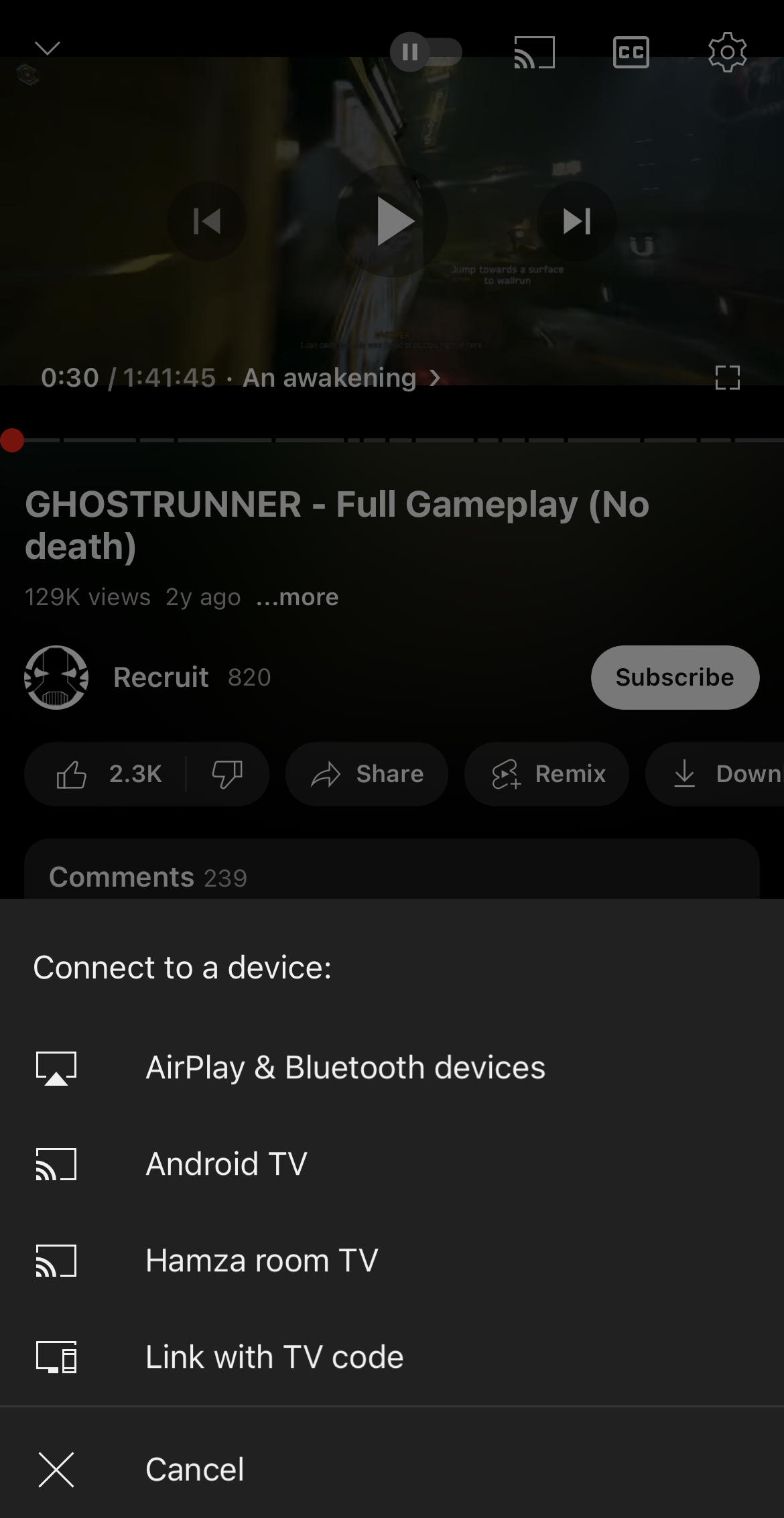 Connecting to Chromecast on YouTube