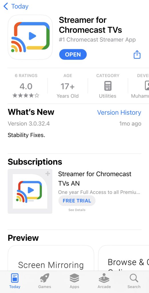 Downloading Streamer for Chromecast TVs app from the App Store Downloading Streamer for Chromecast TVs app from the App Store