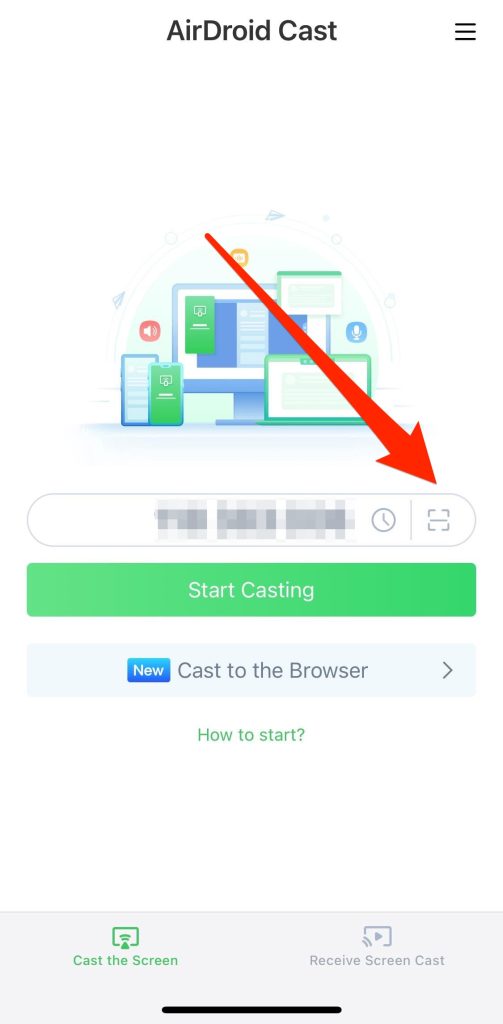 Press the square button to scan the QR code in AirDroid Cast Press the square button to scan the QR code in AirDroid Cast