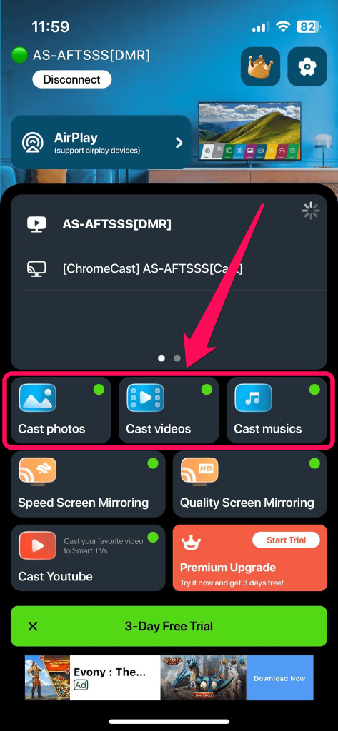 Tap on the Cast photos, Cast videos, or Cast musics tile in TV Cast & Screen Mirroring App