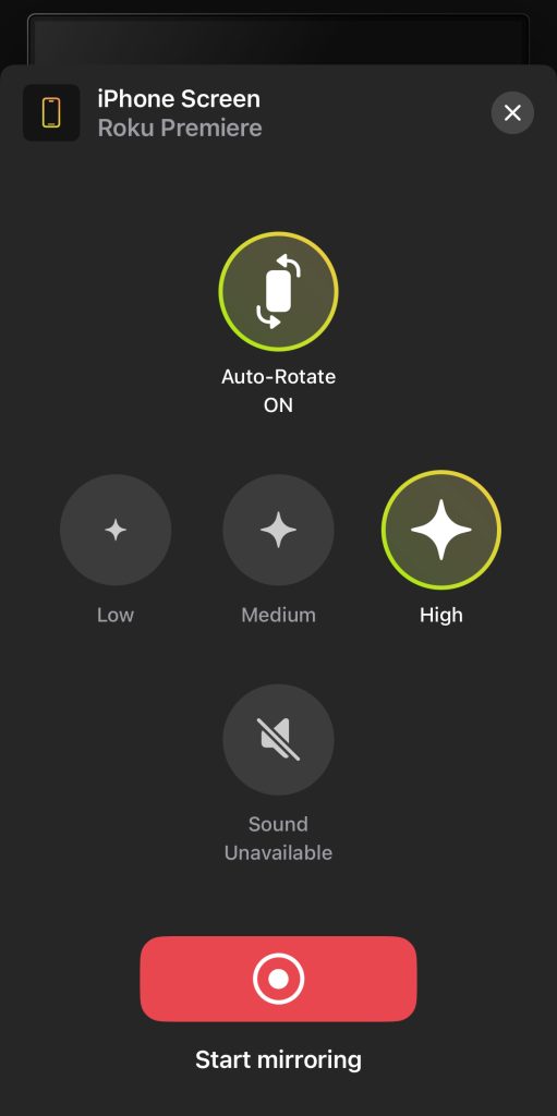 DoCast screen mirroring options for broadcast from Roku device
