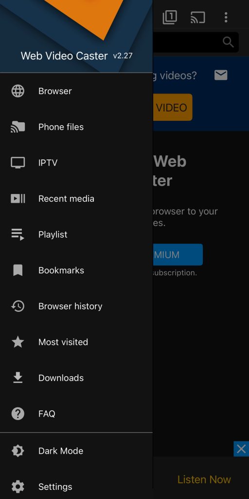 Web Video Cast sidebar menu