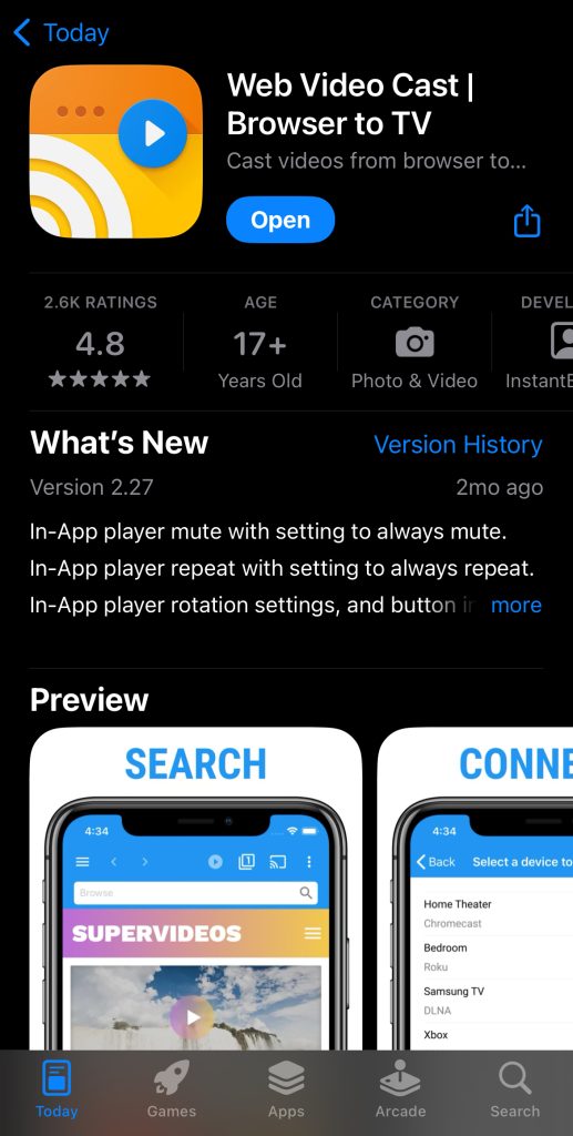 Web Video Cast app on iOS store