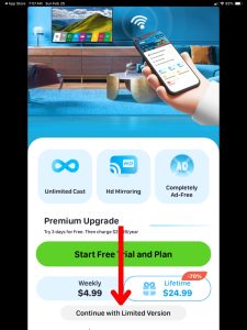 Screenshot of TV Cast & Mirror App connecting to local devices. A red arrow points at a gray banner labeled Continue with Limited Version