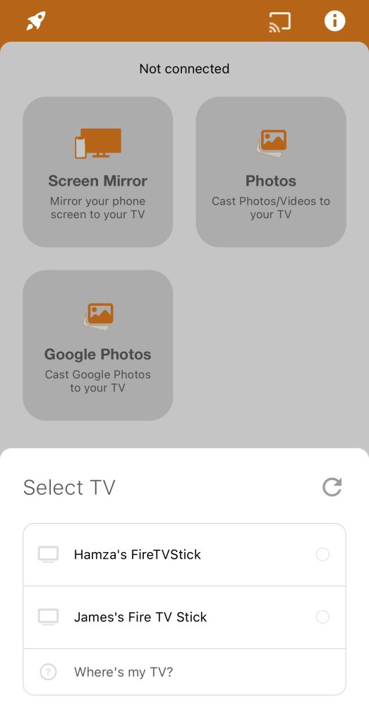 The list of the Fire TV devices in Screen Mirroring for Fire TV