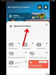 Screenshot of TV Cast & Screen Mirroring App with a red arrow pointing toward a FireStick cast device