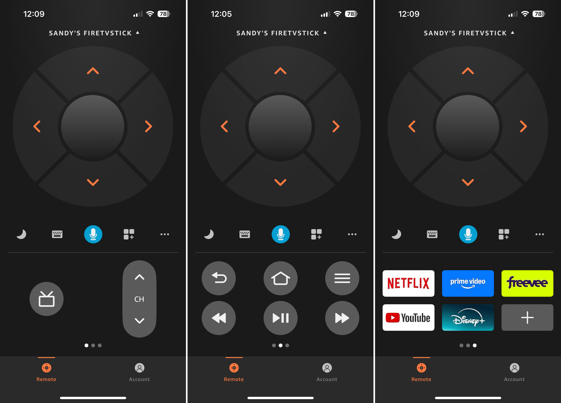 Fire TV app control screens