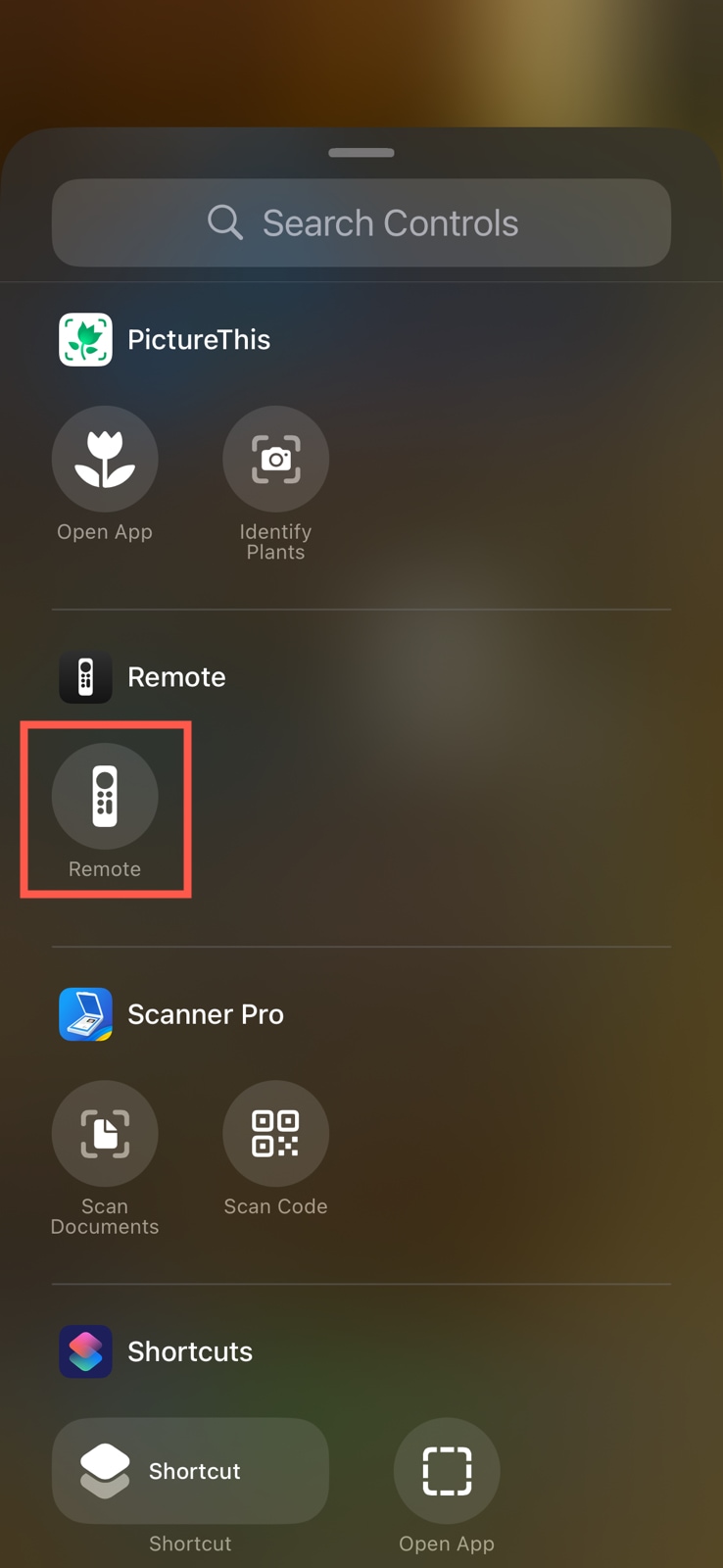 Remote in the list of controls on iPhone
