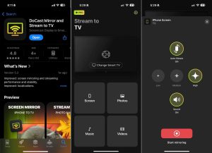 Three screenshots of the DoCast app depicting various screens possible within the app Three screenshots of the DoCast app depicting various screens possible within the app