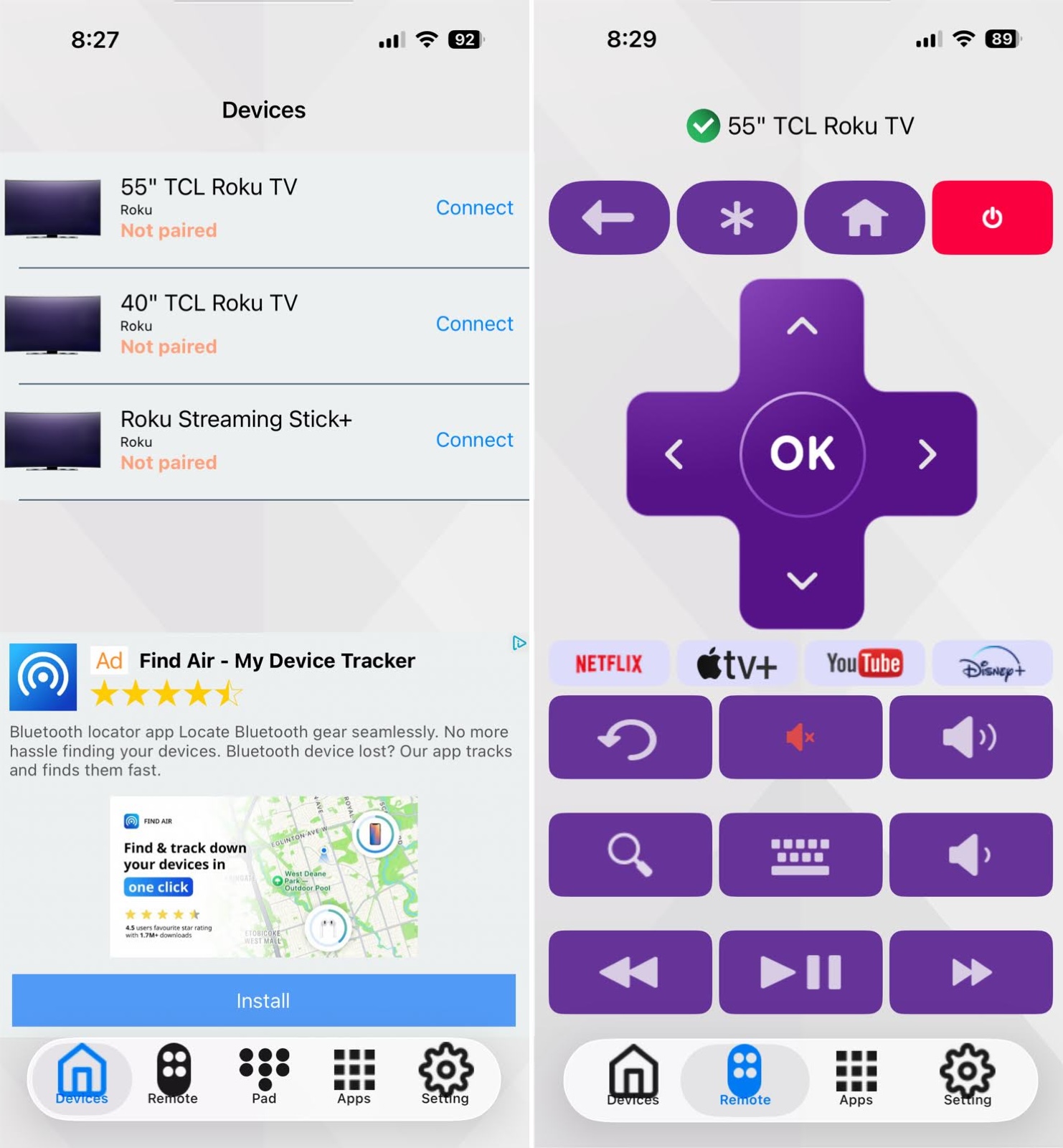 Tap on the Connect button in TV Remote Universal