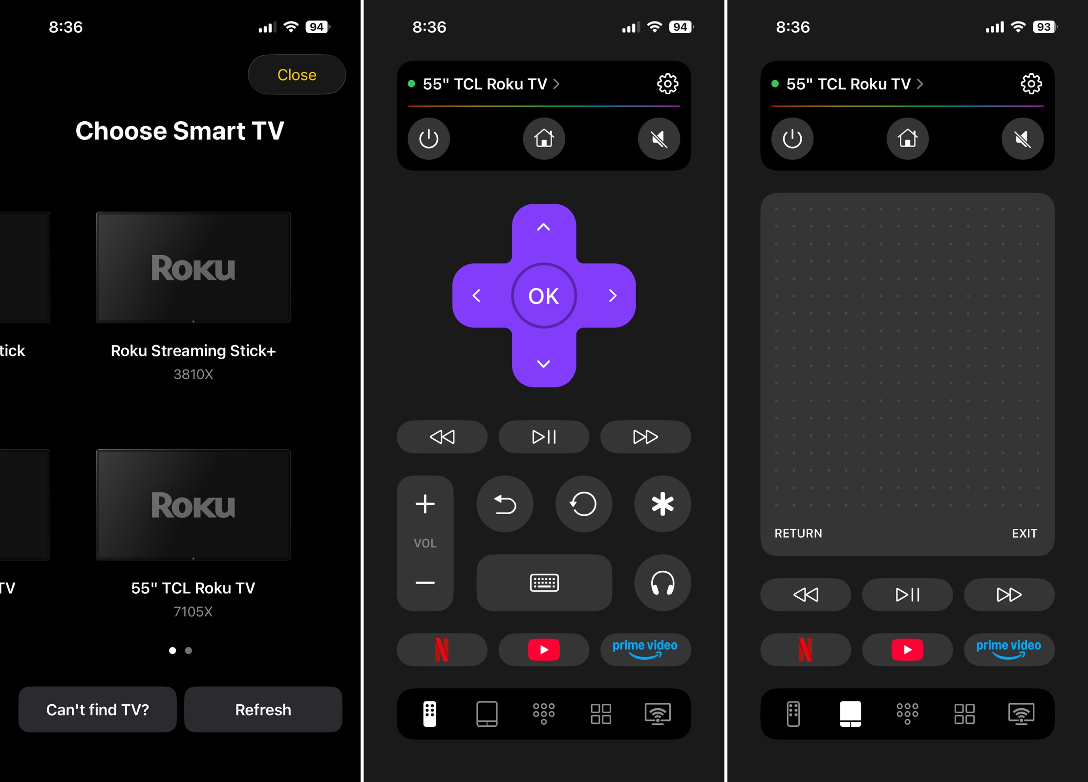 TVRem Universal TV Remote App device selection and control screens