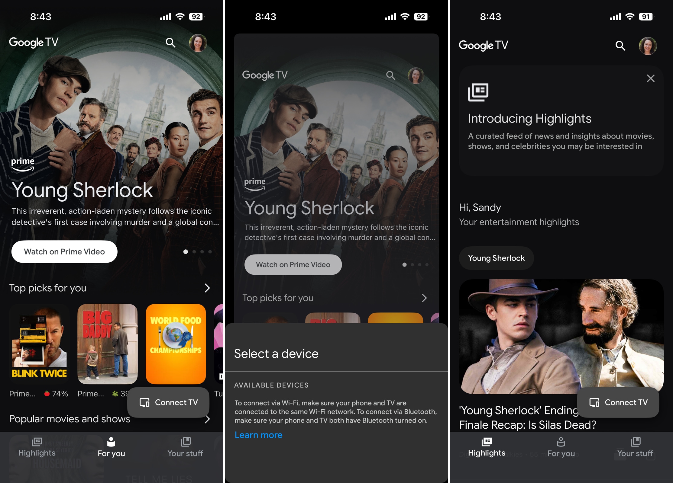Google TV app main screens