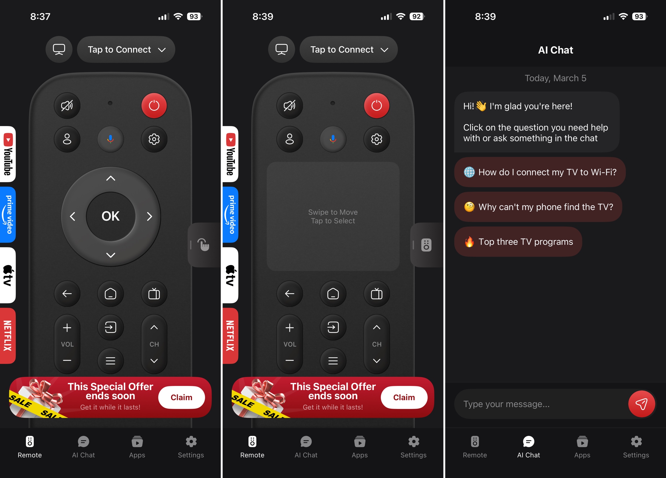 TCL Remote Control: Home & TV control and AI help screens