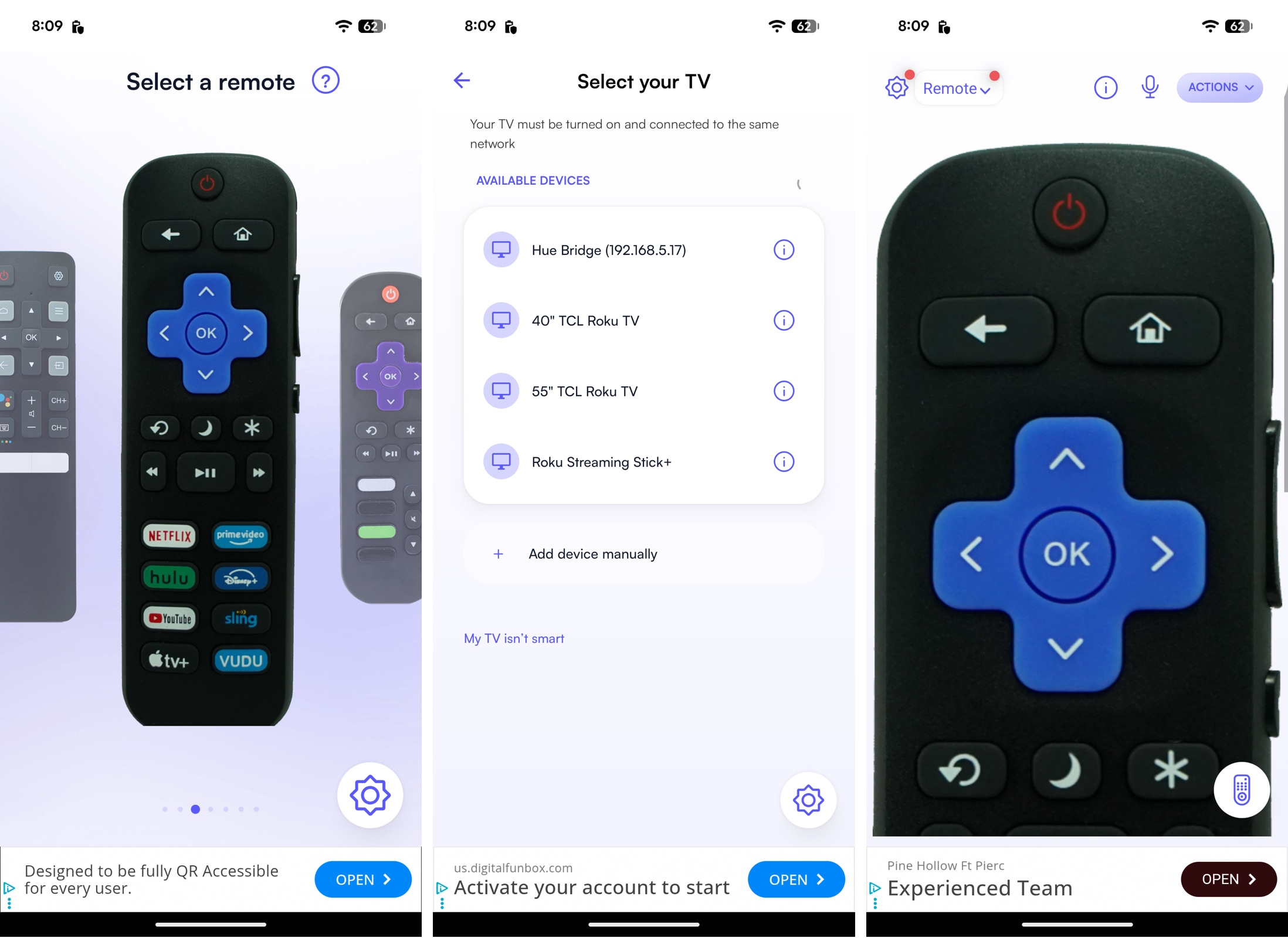 Remote Control for TCL TVs remote, device selection, and control screens