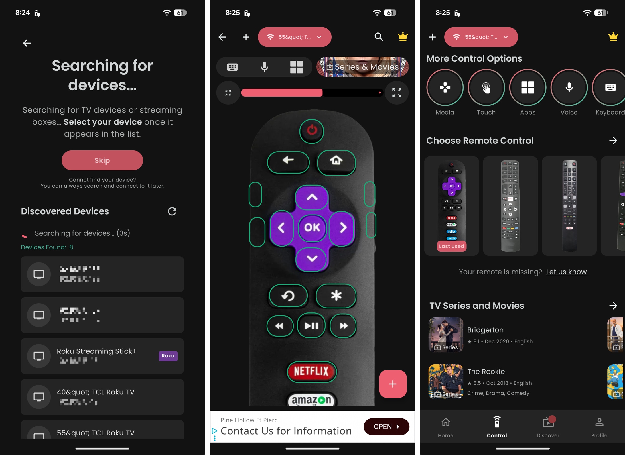 TCL TV Remote device selection, control, and main screens