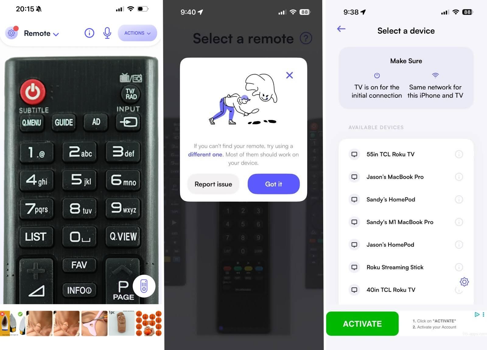 Screenshots of the Remote Control for LG app