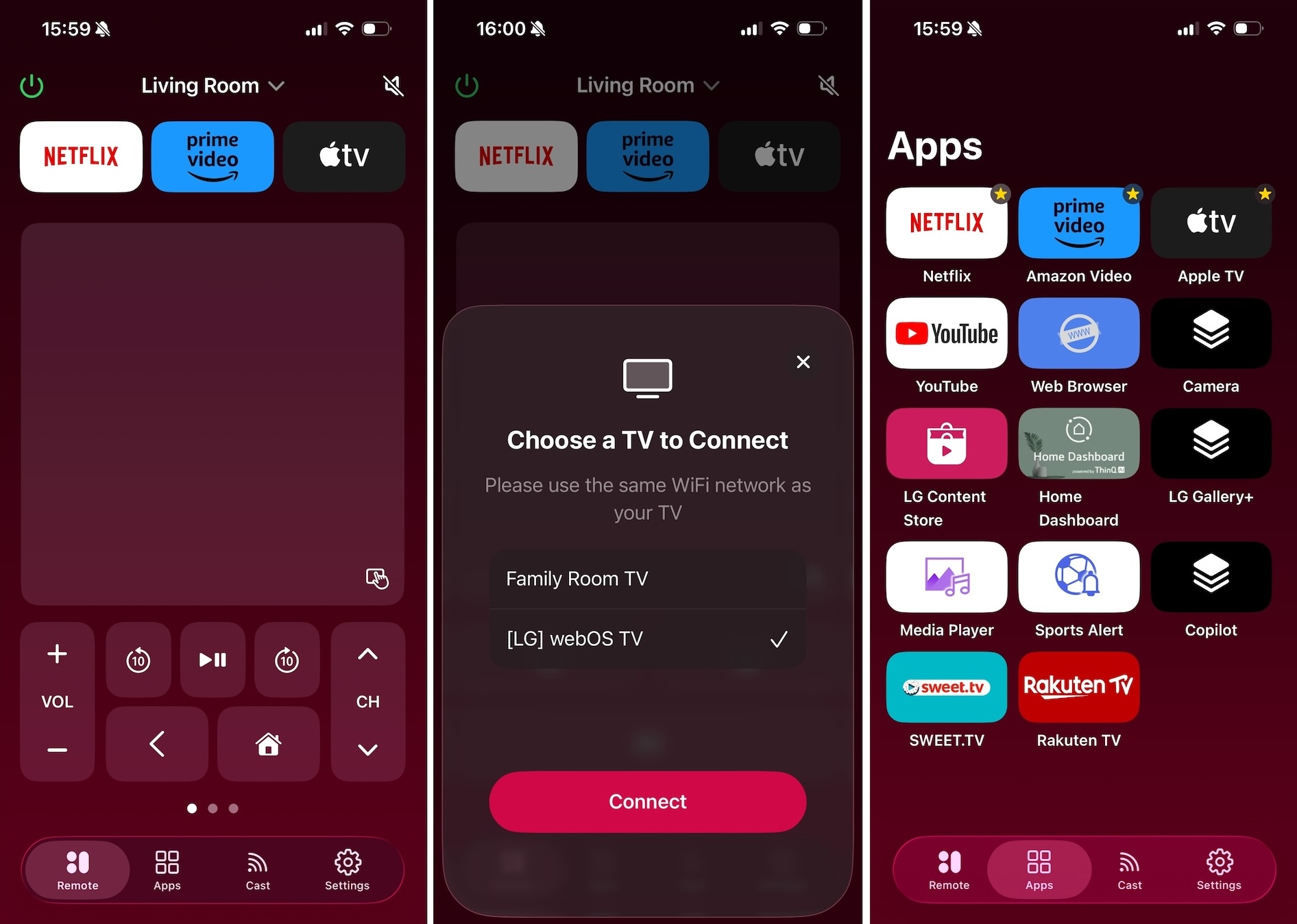 Screenshots of the Remote Control Smart LG TV app
