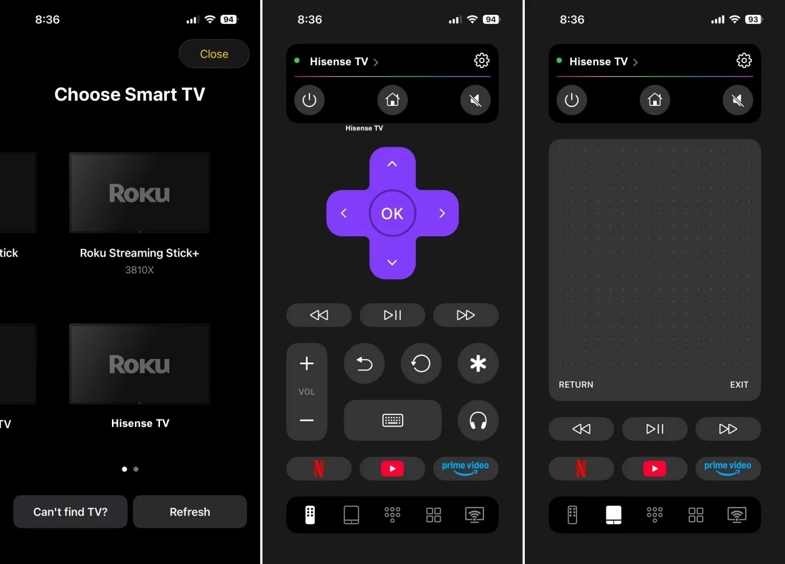 TVRem app device selection and control screens