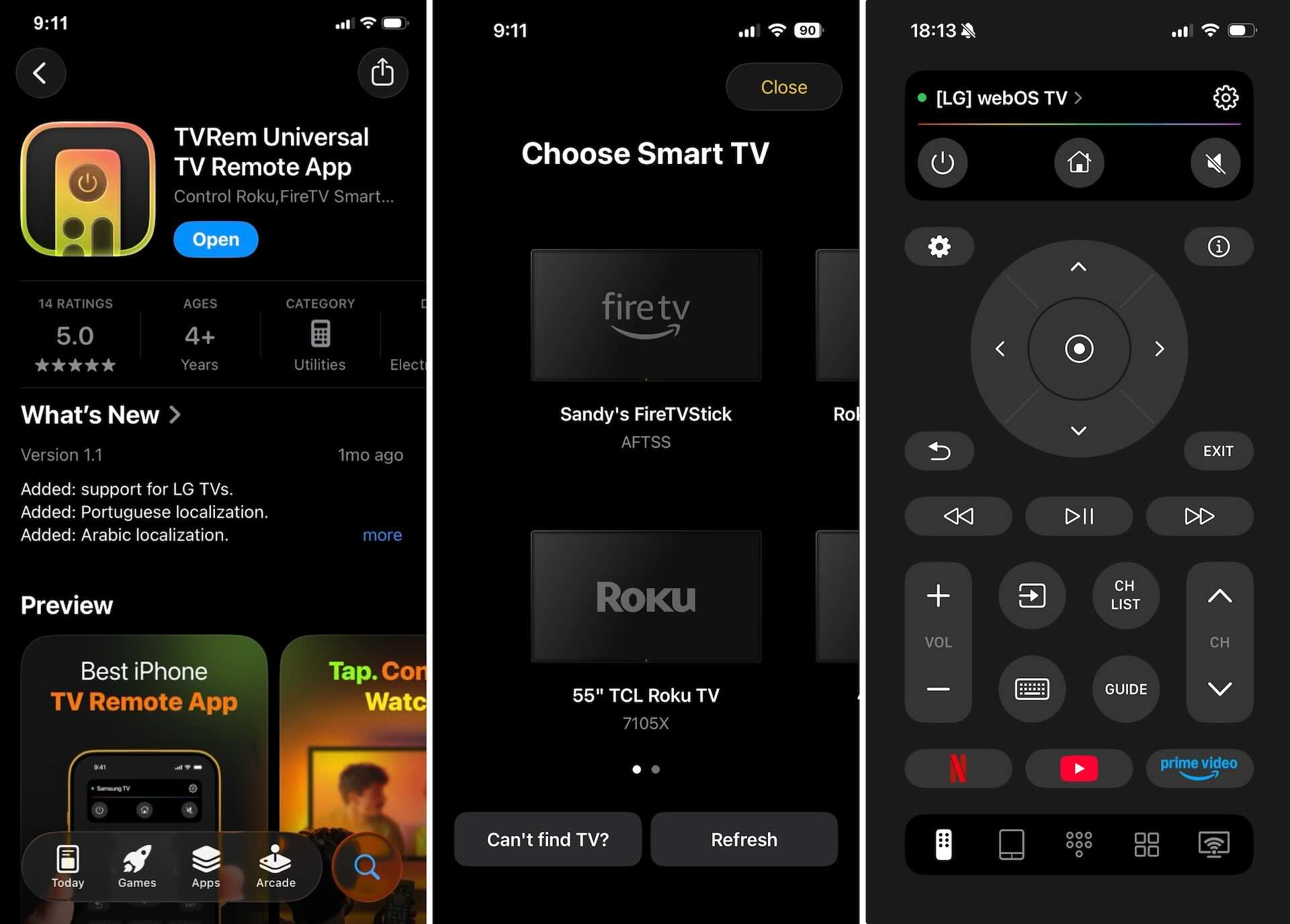 Screenshots of the TVRem app