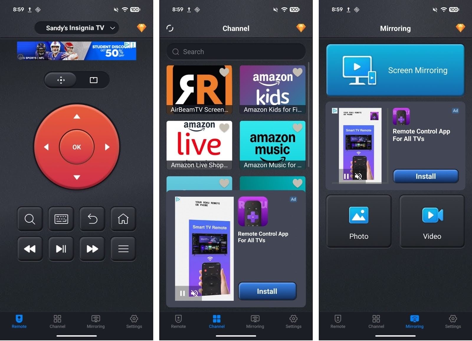Interface screenshots of the Universal TV Remote for All TV app Interface screenshots of the Universal TV Remote for All TV app